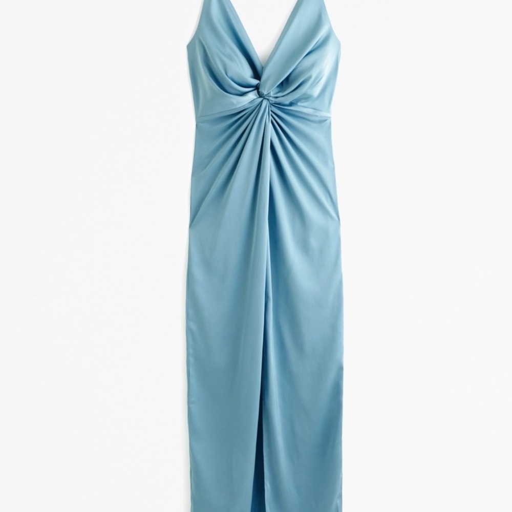 Sky Blue Draped Twist-Front Midi Dress with Slit